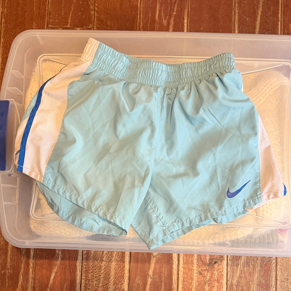Girls Nike Light Blue Running Shorts with White Side Panels